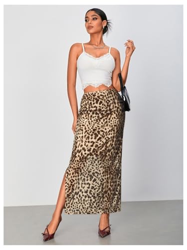 WDIRARA Women's Leopard Print Mesh Skirt Ruched Split Thigh Low Waist Maxi Skirts