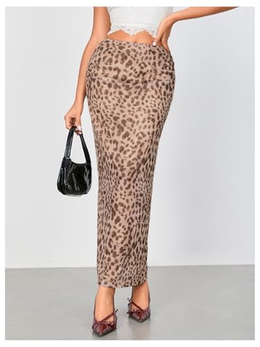 WDIRARA Women's Leopard Print Mesh Skirt Ruched Split Thigh Low Waist Maxi Skirts