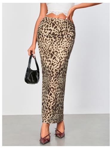 WDIRARA Women's Leopard Print Mesh Skirt Ruched Split Thigh Low Waist Maxi Skirts
