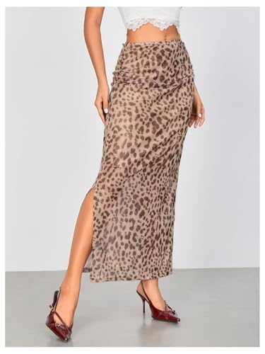 WDIRARA Women's Leopard Print Mesh Skirt Ruched Split Thigh Low Waist Maxi Skirts
