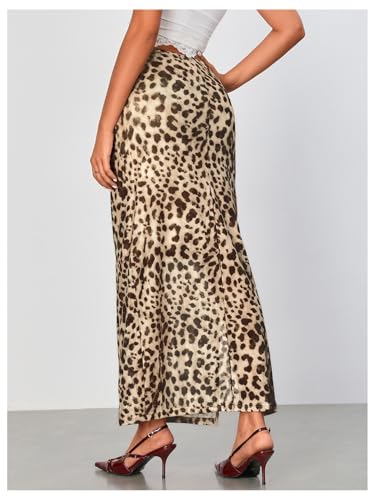 WDIRARA Women's Leopard Print Mesh Skirt Ruched Split Thigh Low Waist Maxi Skirts