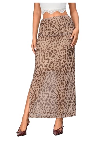 WDIRARA Women's Leopard Print Mesh Skirt Ruched Split Thigh Low Waist Maxi Skirts