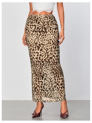 WDIRARA Women's Leopard Print Mesh Skirt Ruched Split Thigh Low Waist Maxi Skirts