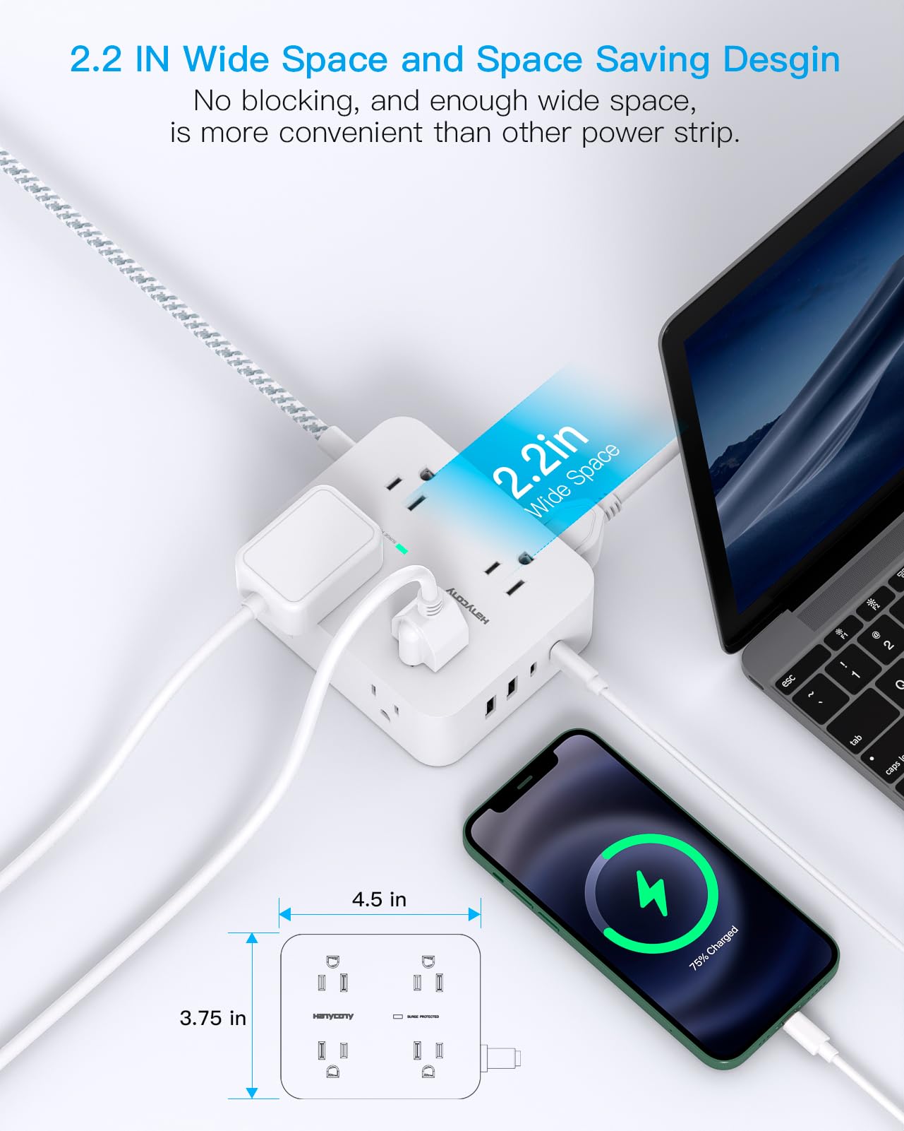 Surge Protector Power Strip - HANYCONY 8 Outlets 4 USB (2 USB C) Charging Ports- Multi Plug Outlet Extender, 5Ft