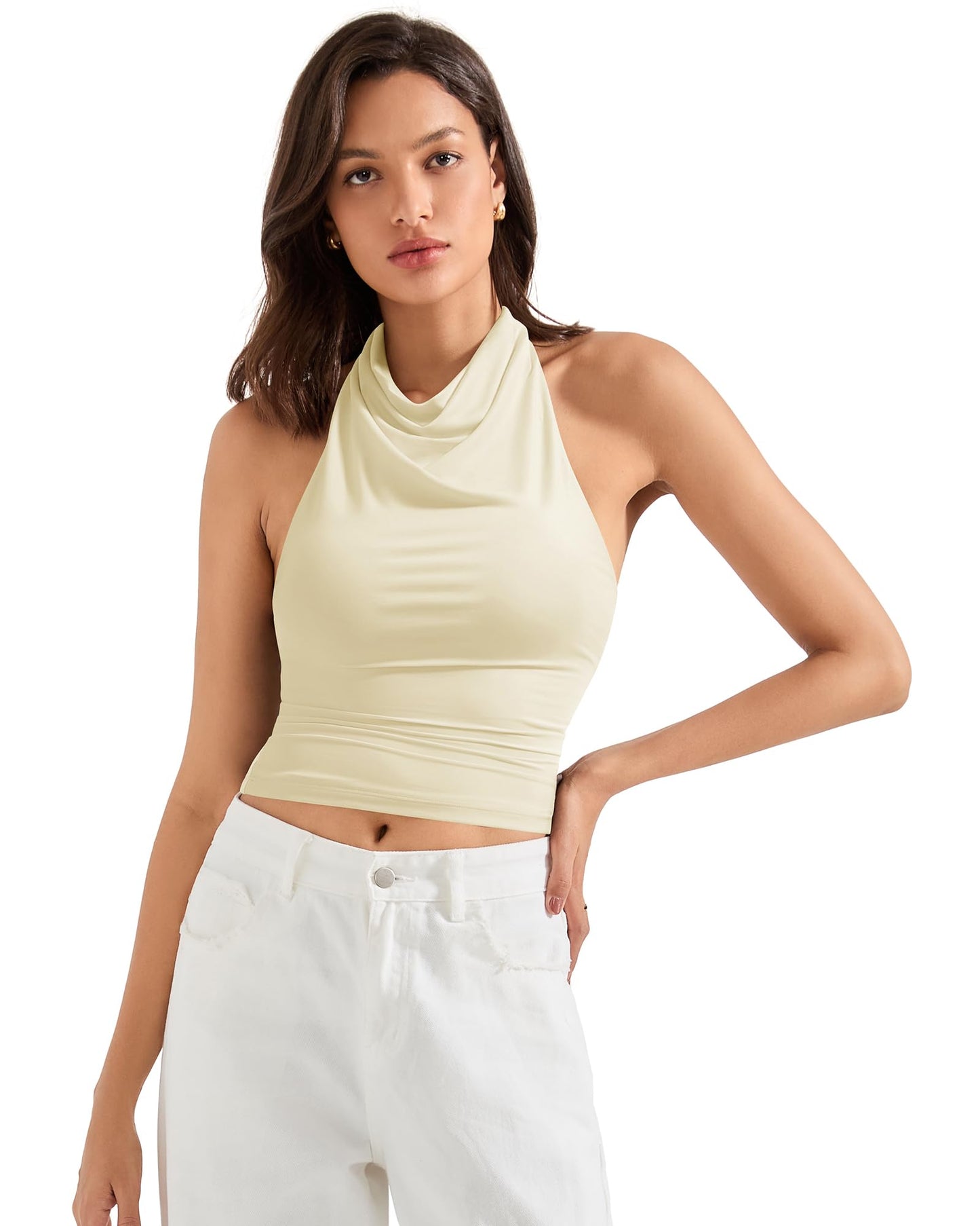 SUUKSESS Women Halter Backless Tank Tops Sexy Cowl Neck Summer Going Out Cami Tops