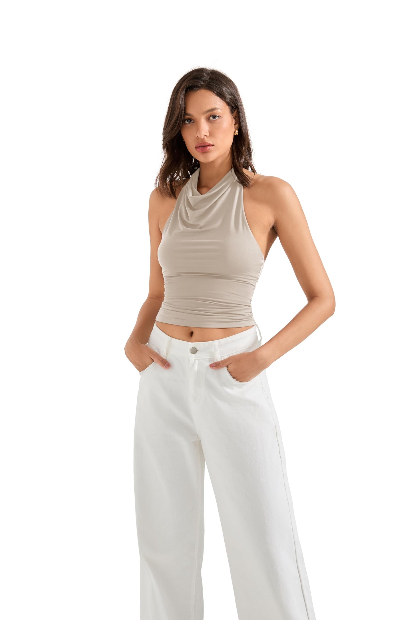 SUUKSESS Women Halter Backless Tank Tops Sexy Cowl Neck Summer Going Out Cami Tops