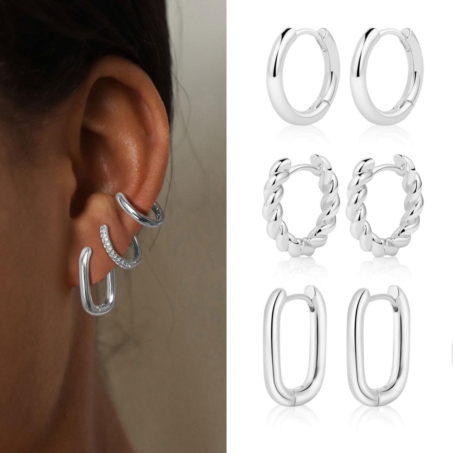 MIDEEO Gold/Sliver Chunky Hoop Earrings Set, 14K Gold Plated Twisted Huggie Hoop Earring
