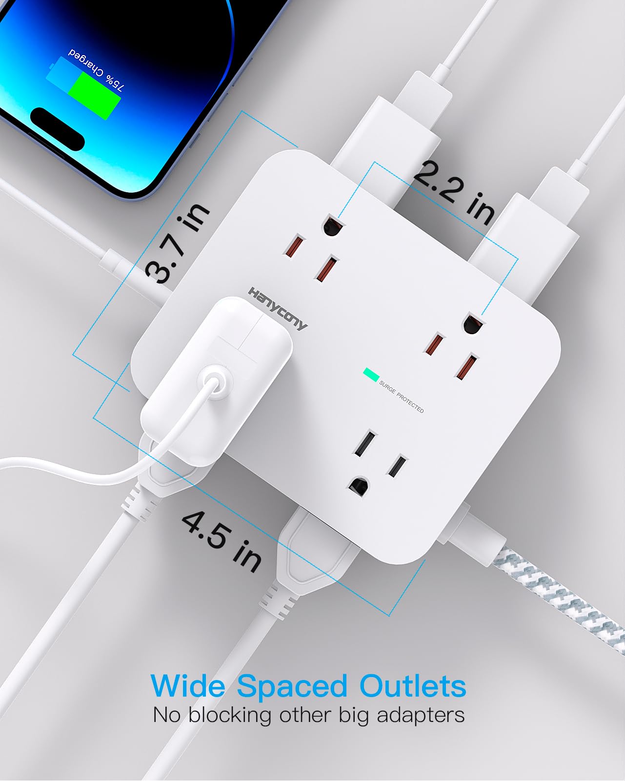 Surge Protector Power Strip - HANYCONY 8 Outlets 4 USB (2 USB C) Charging Ports- Multi Plug Outlet Extender, 5Ft