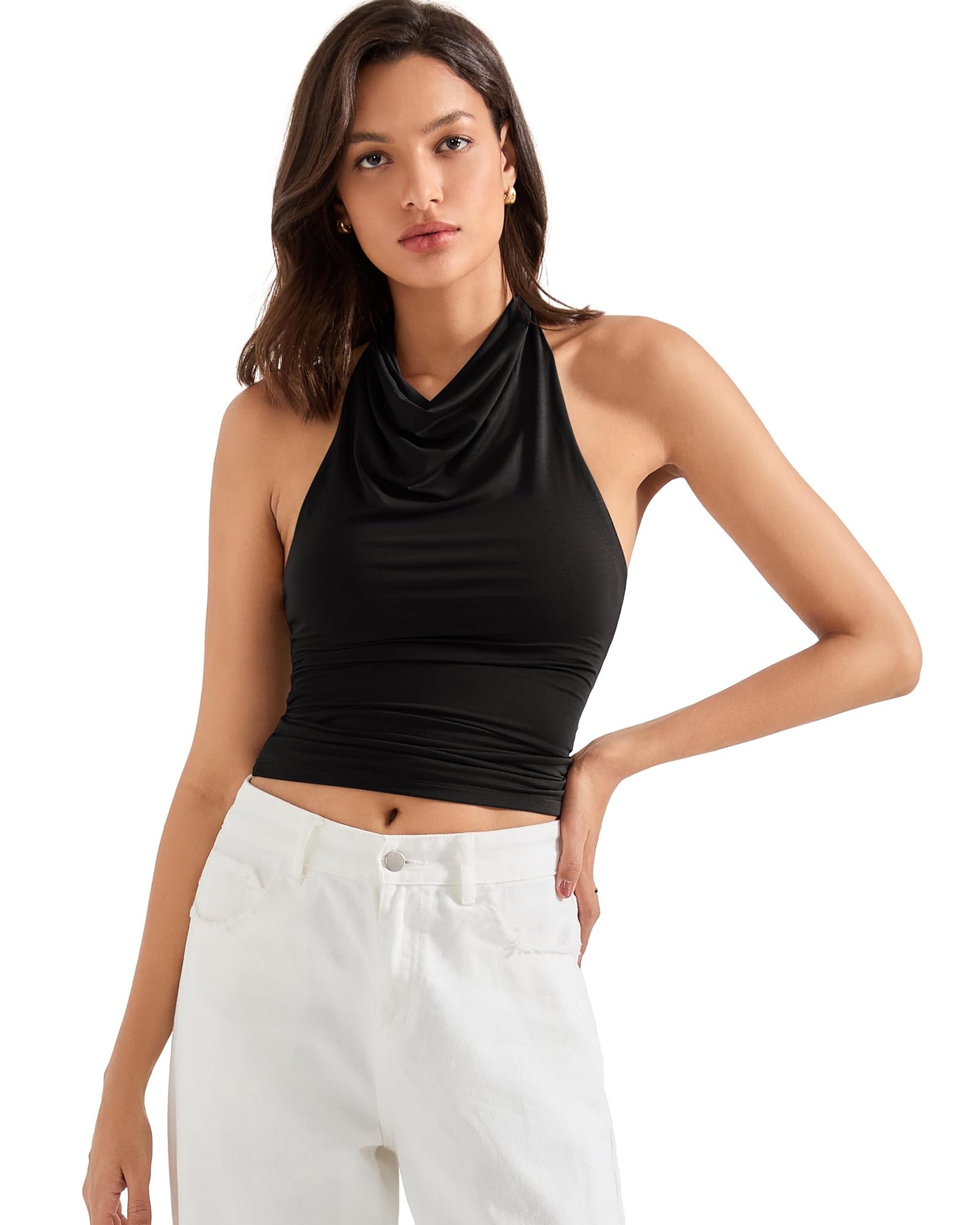 SUUKSESS Women Halter Backless Tank Tops Sexy Cowl Neck Summer Going Out Cami Tops