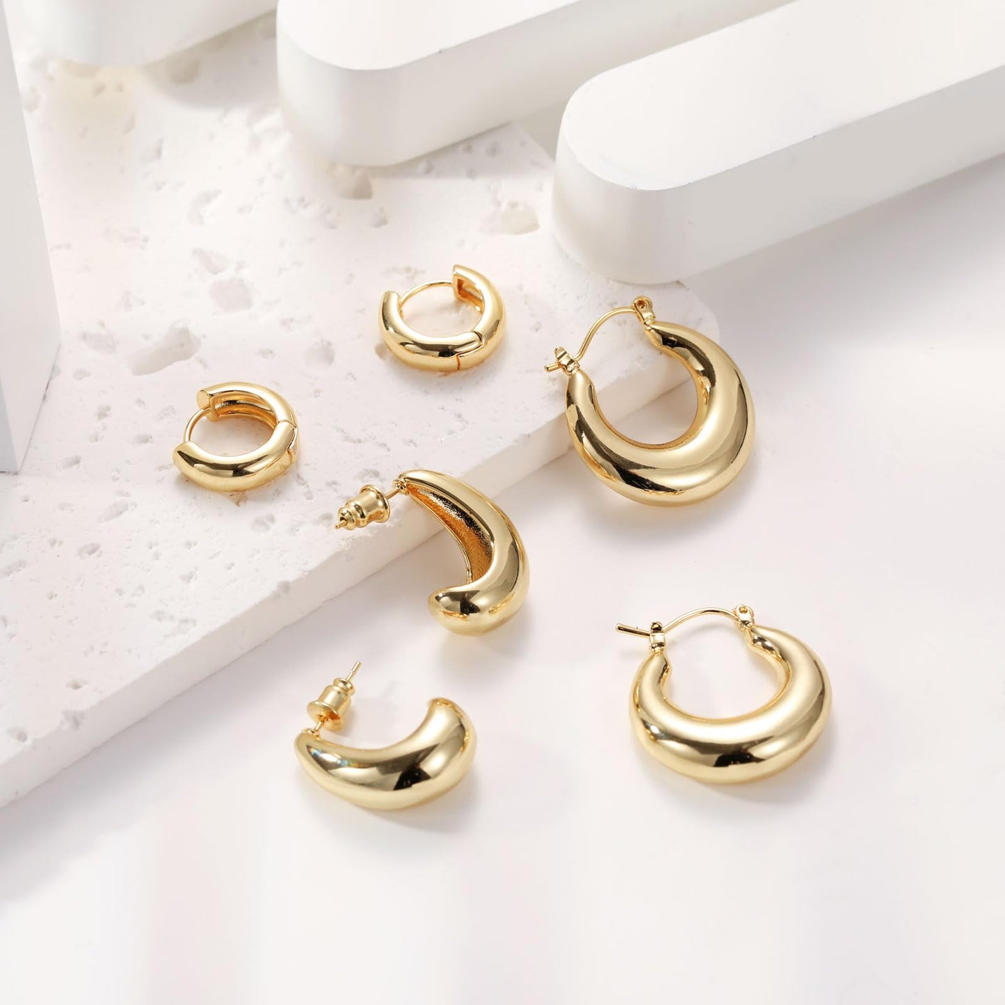 MIDEEO Gold/Sliver Chunky Hoop Earrings Set, 14K Gold Plated Twisted Huggie Hoop Earring