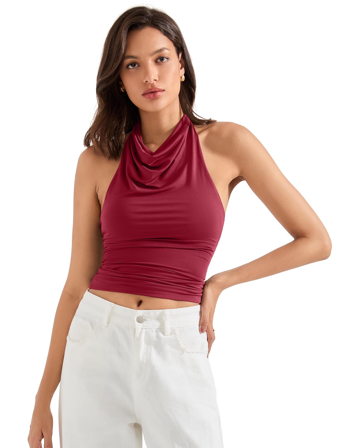 SUUKSESS Women Halter Backless Tank Tops Sexy Cowl Neck Summer Going Out Cami Tops