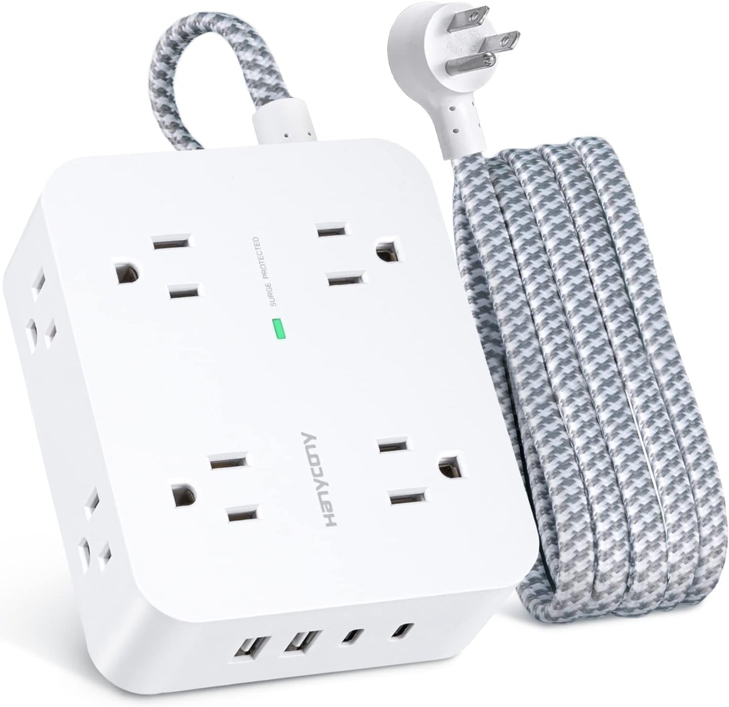 Surge Protector Power Strip - HANYCONY 8 Outlets 4 USB (2 USB C) Charging Ports- Multi Plug Outlet Extender, 5Ft