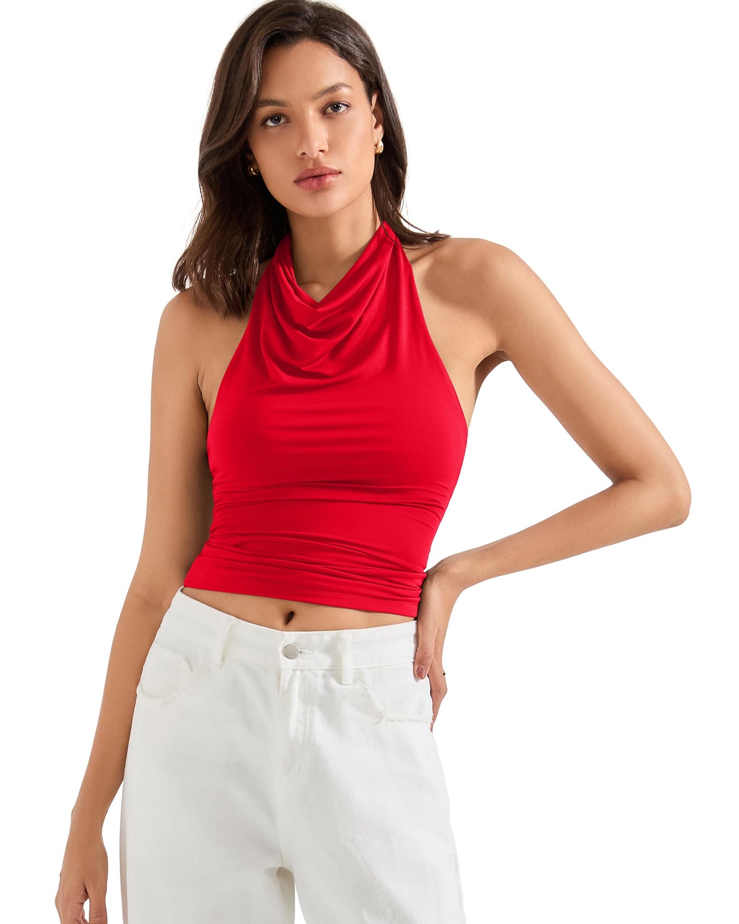 SUUKSESS Women Halter Backless Tank Tops Sexy Cowl Neck Summer Going Out Cami Tops