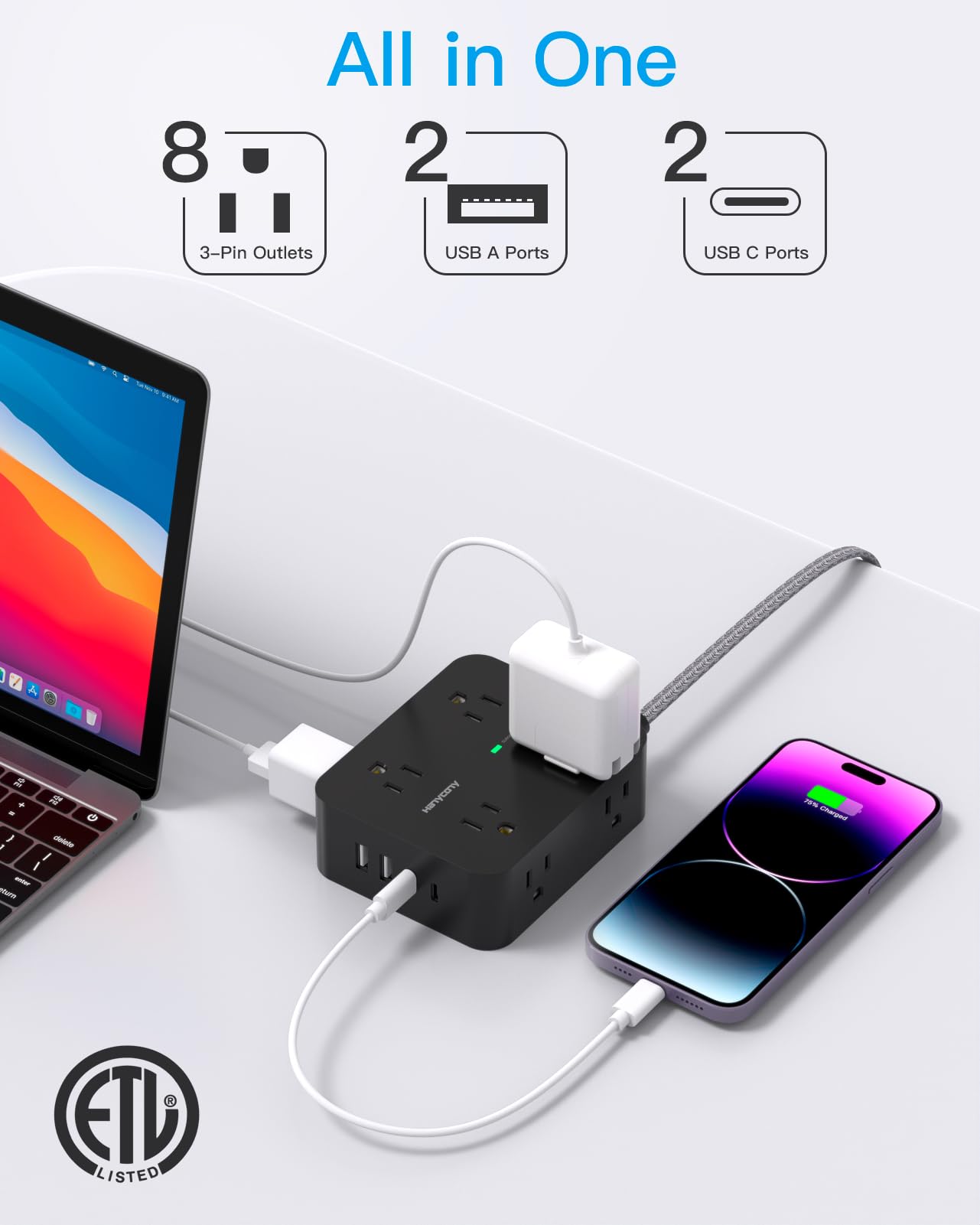 Surge Protector Power Strip - HANYCONY 8 Outlets 4 USB (2 USB C) Charging Ports- Multi Plug Outlet Extender, 5Ft