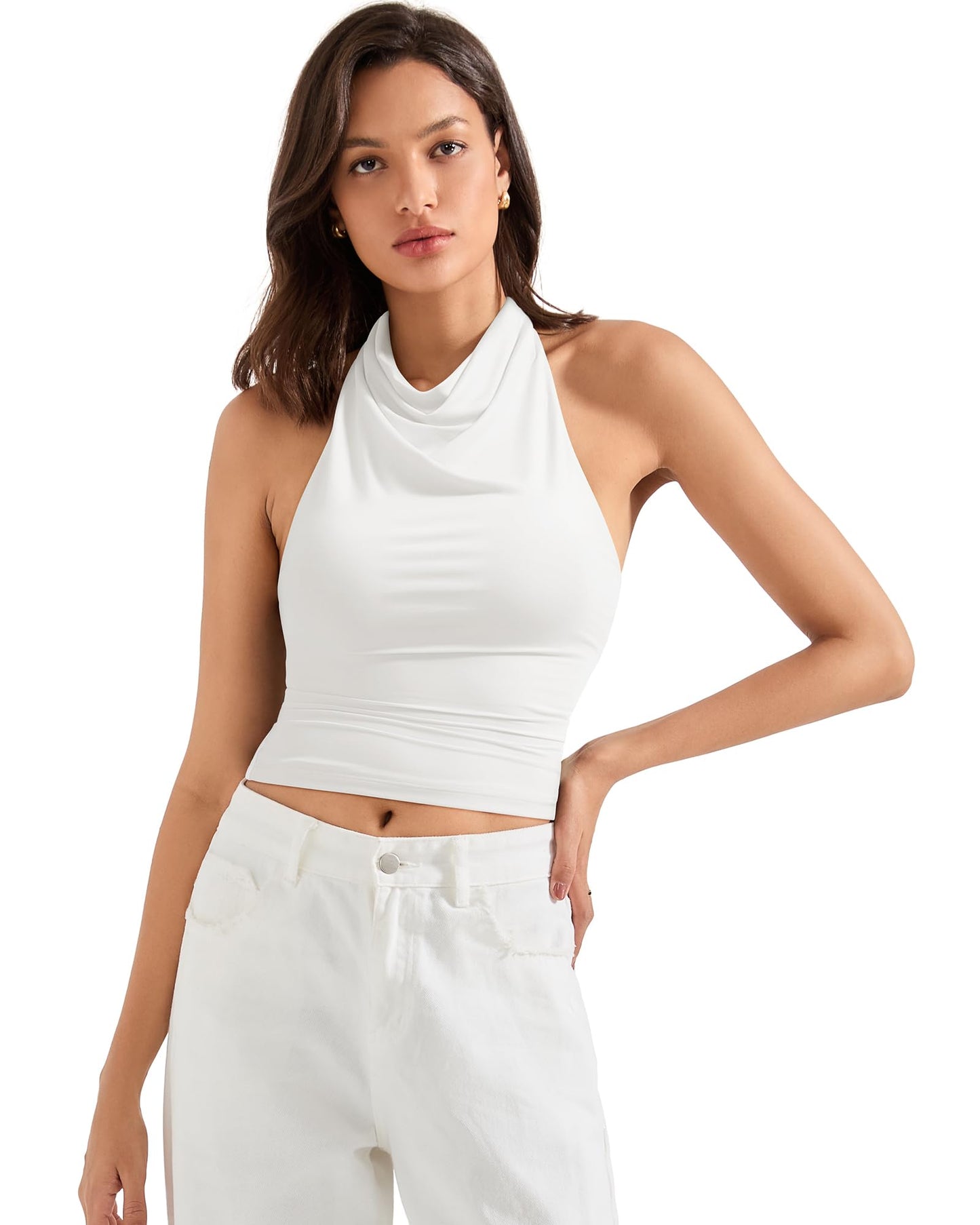 SUUKSESS Women Halter Backless Tank Tops Sexy Cowl Neck Summer Going Out Cami Tops