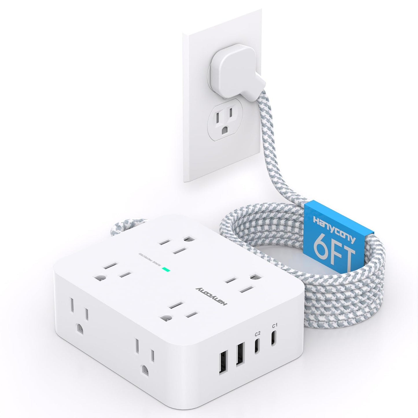Surge Protector Power Strip - HANYCONY 8 Outlets 4 USB (2 USB C) Charging Ports- Multi Plug Outlet Extender, 5Ft