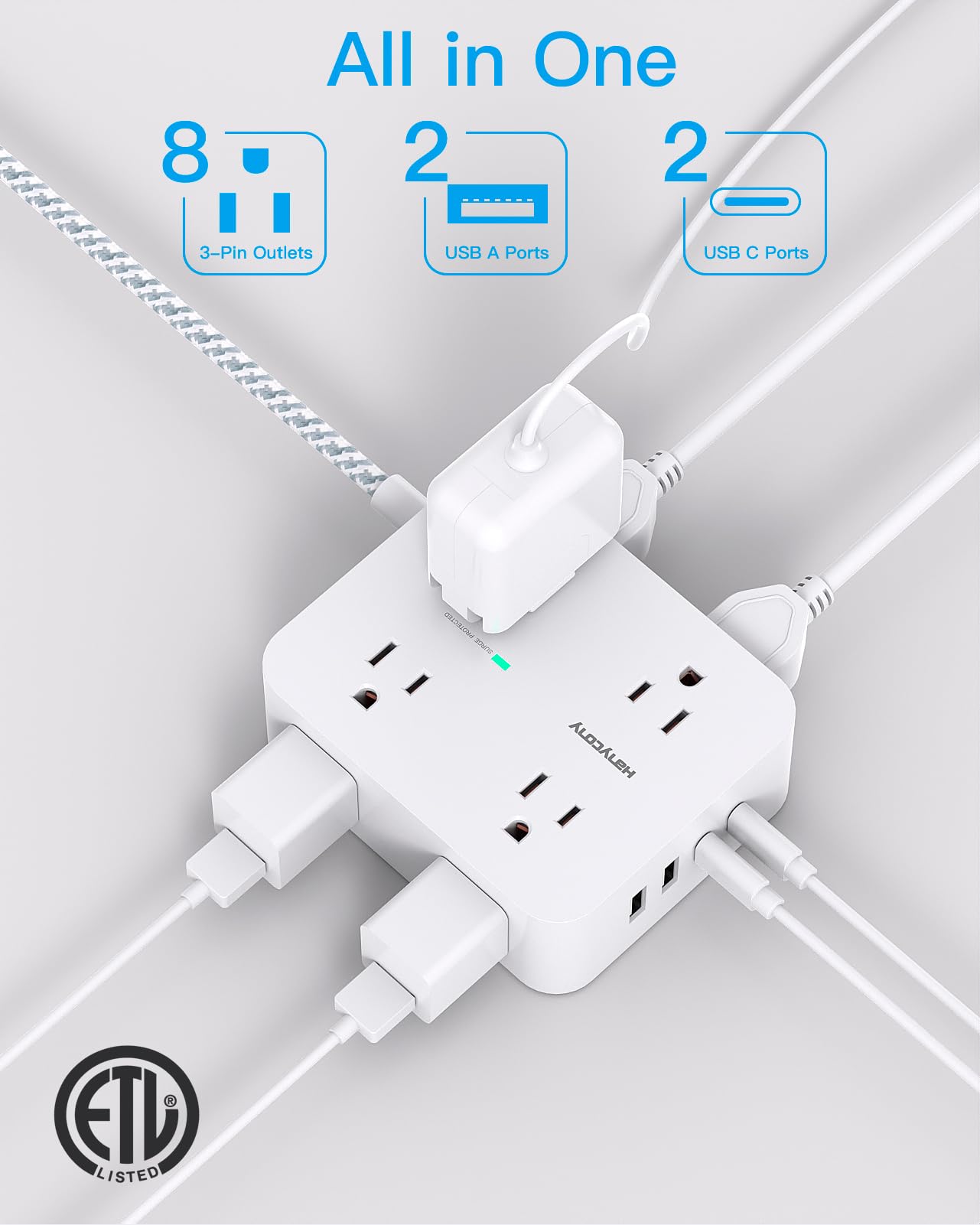 Surge Protector Power Strip - HANYCONY 8 Outlets 4 USB (2 USB C) Charging Ports- Multi Plug Outlet Extender, 5Ft