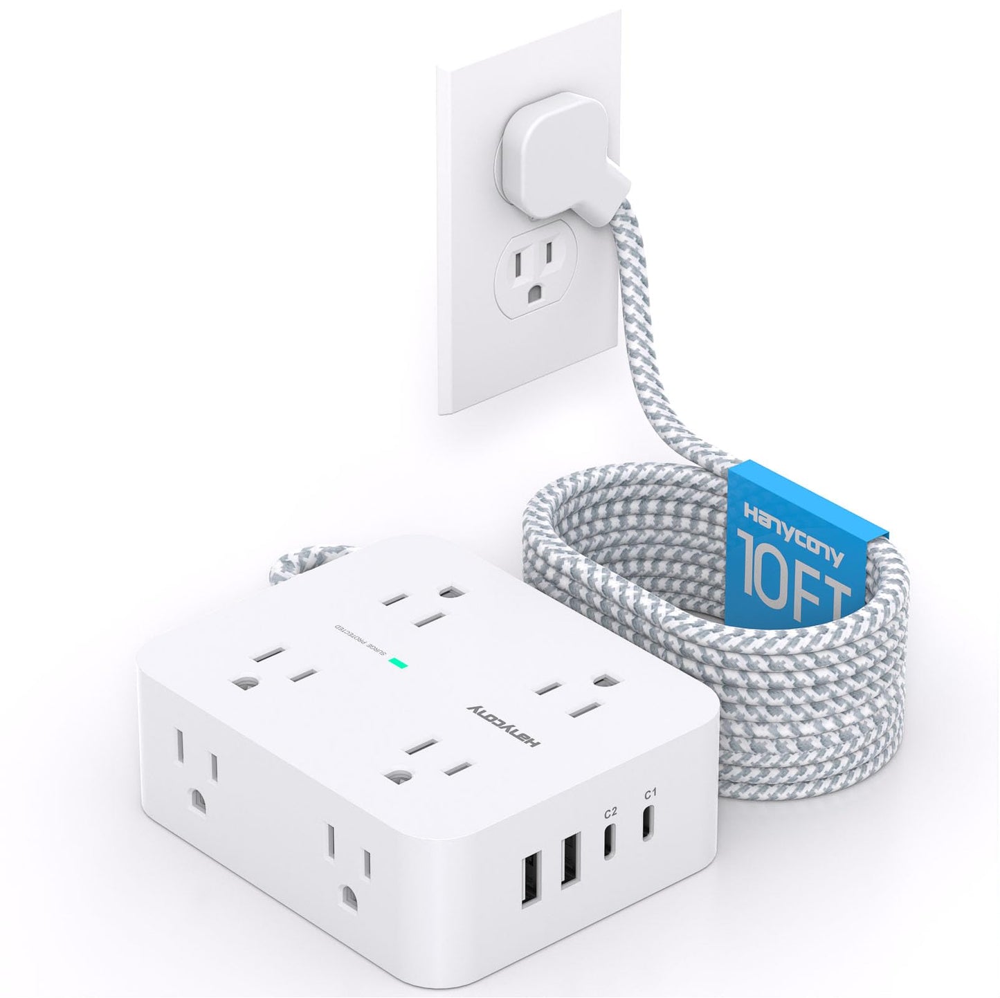 Surge Protector Power Strip - HANYCONY 8 Outlets 4 USB (2 USB C) Charging Ports- Multi Plug Outlet Extender, 5Ft
