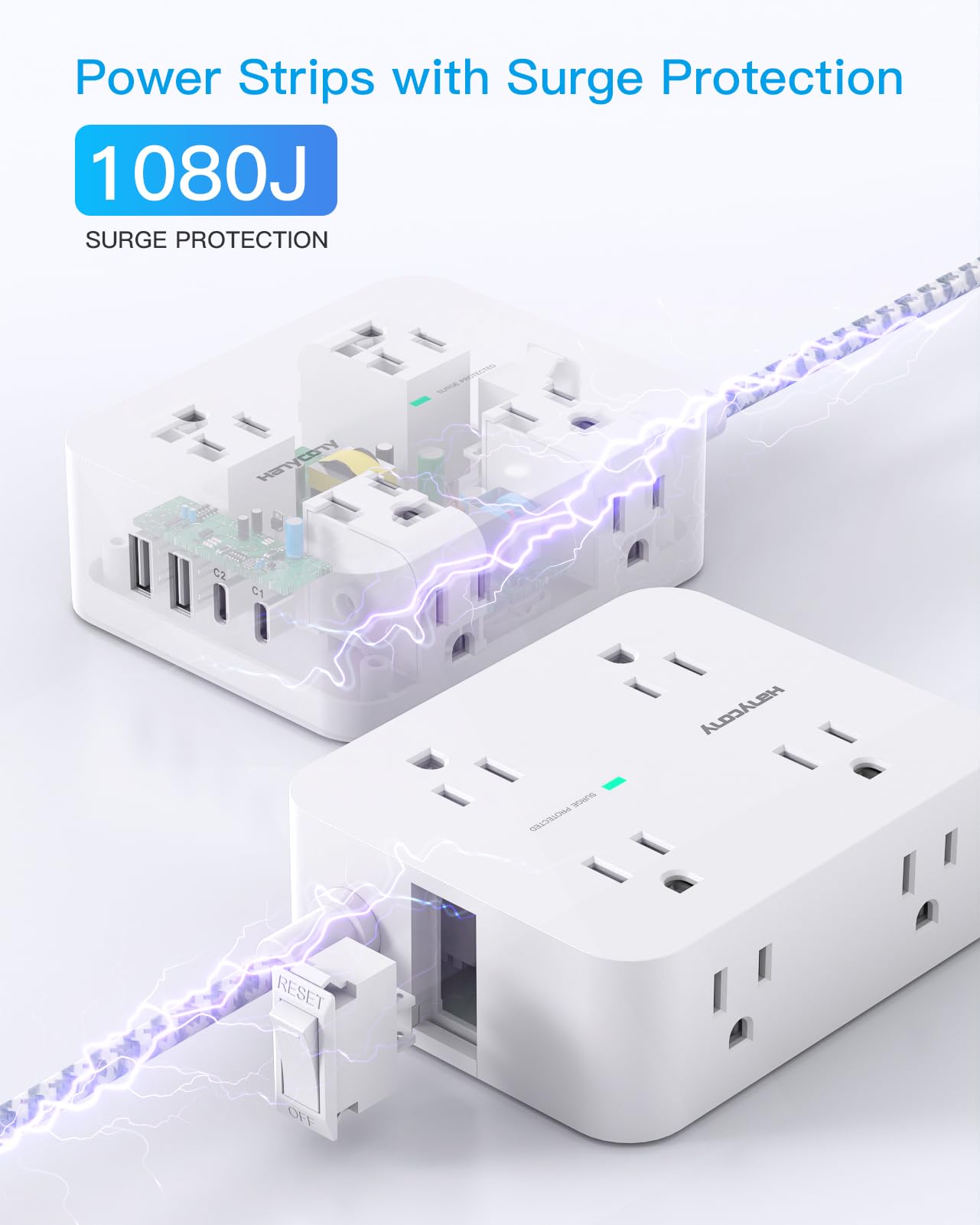 Surge Protector Power Strip - HANYCONY 8 Outlets 4 USB (2 USB C) Charging Ports- Multi Plug Outlet Extender, 5Ft