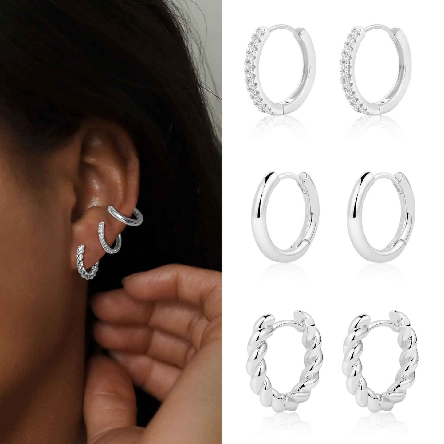 MIDEEO Gold/Sliver Chunky Hoop Earrings Set, 14K Gold Plated Twisted Huggie Hoop Earring