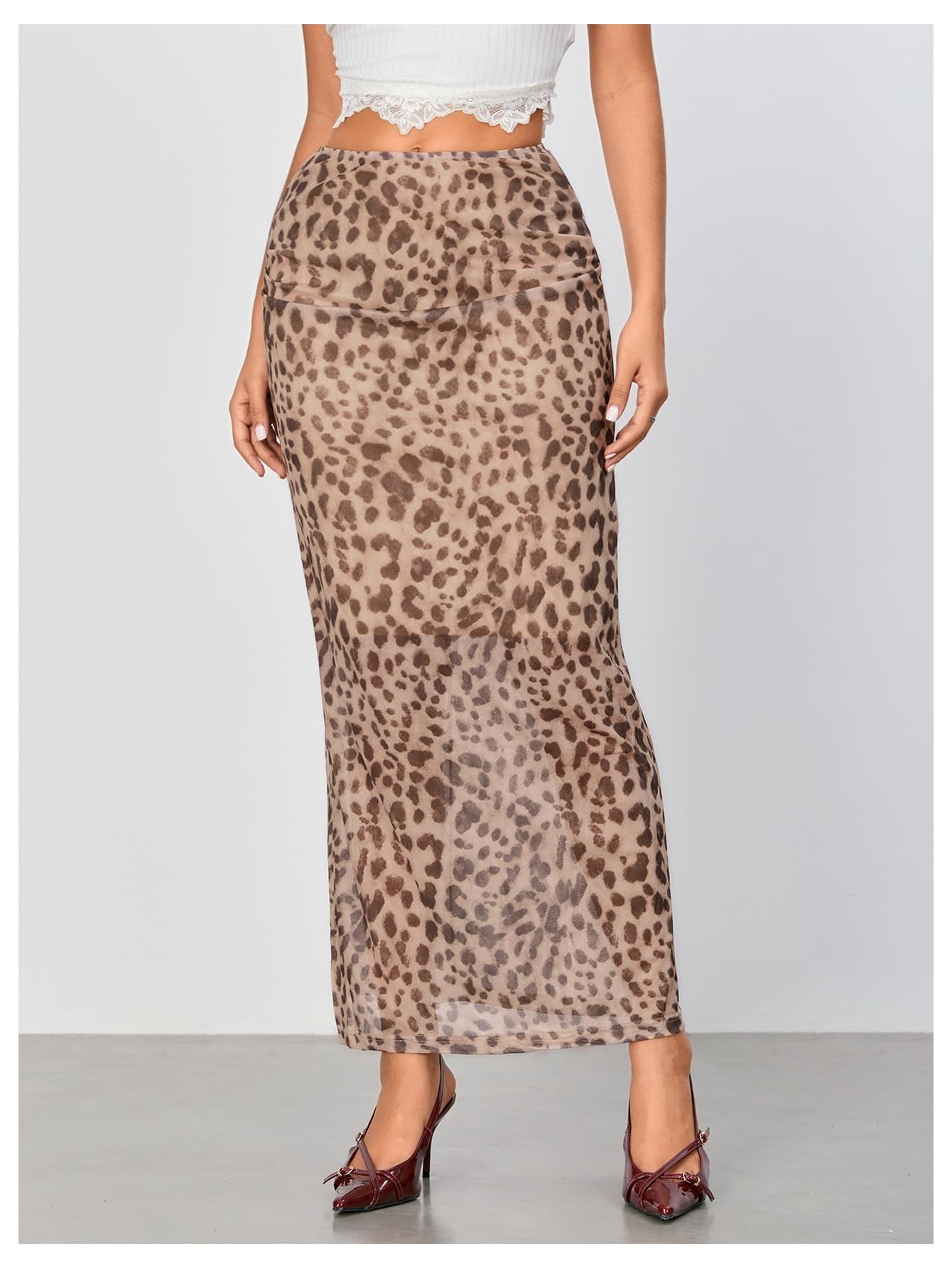 WDIRARA Women's Leopard Print Mesh Skirt Ruched Split Thigh Low Waist Maxi Skirts