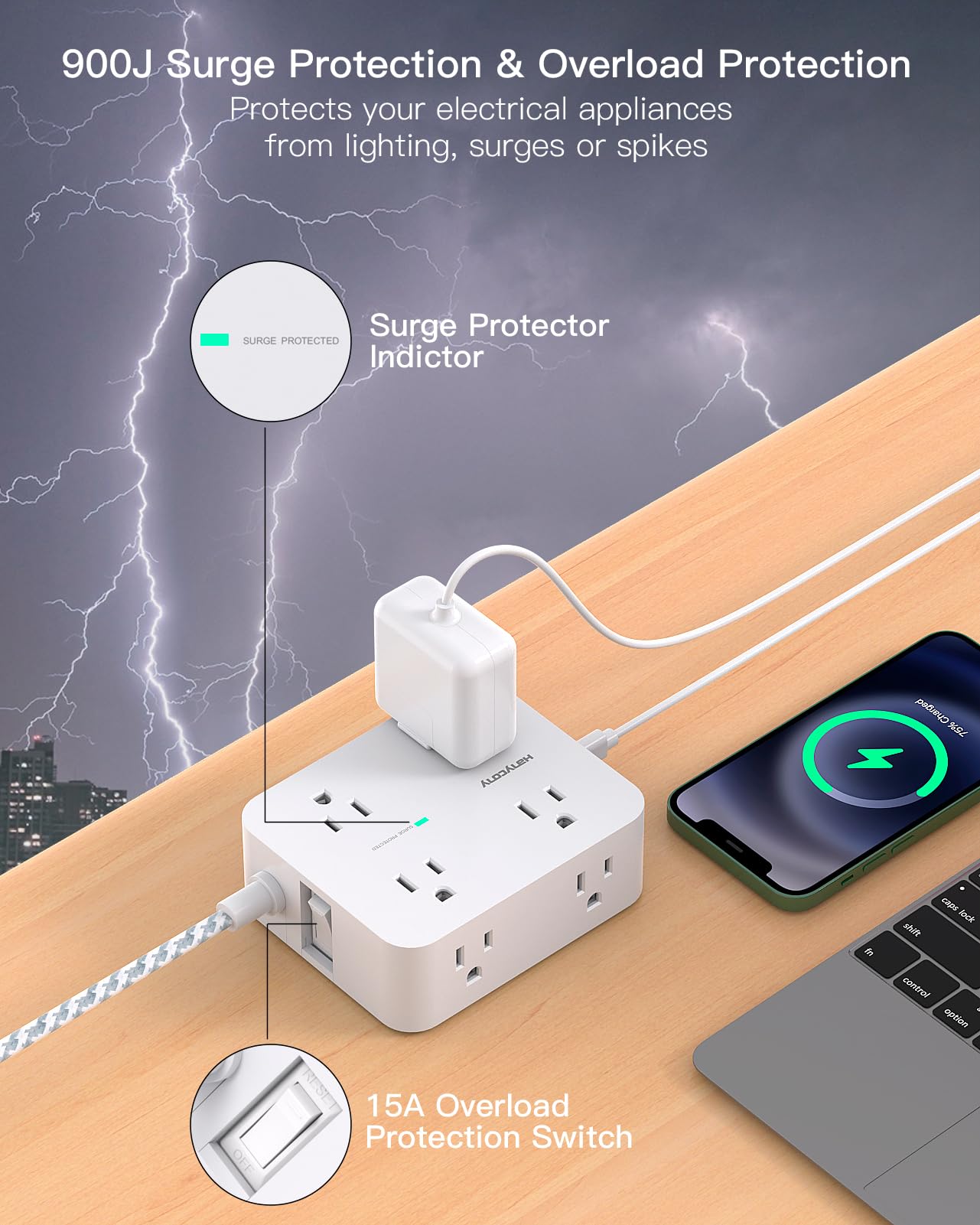 Surge Protector Power Strip - HANYCONY 8 Outlets 4 USB (2 USB C) Charging Ports- Multi Plug Outlet Extender, 5Ft
