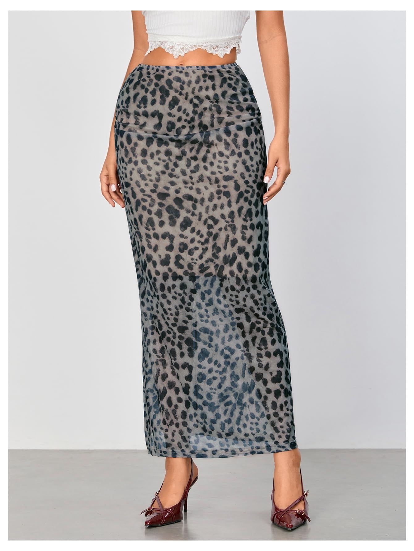 WDIRARA Women's Leopard Print Mesh Skirt Ruched Split Thigh Low Waist Maxi Skirts