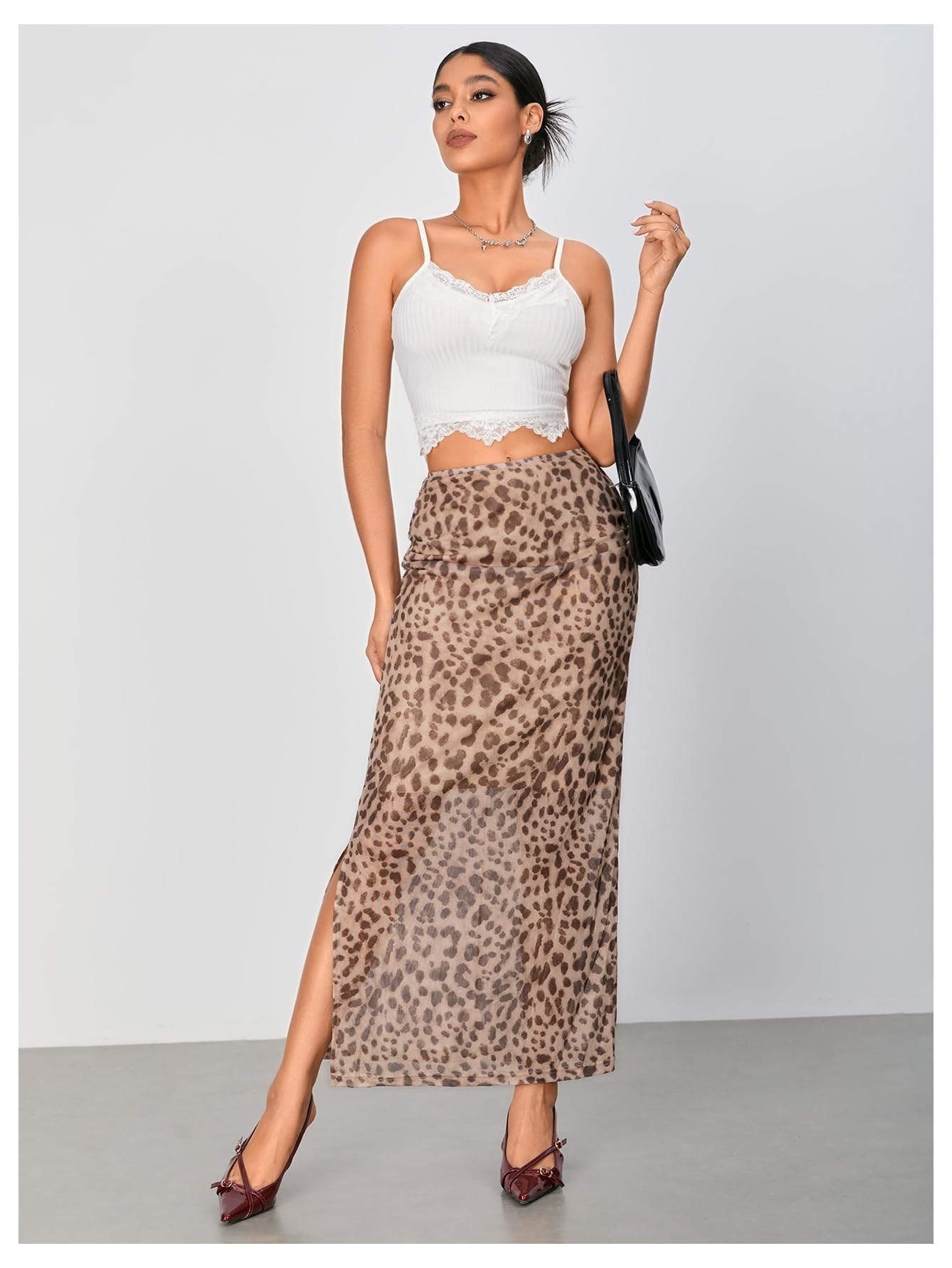 WDIRARA Women's Leopard Print Mesh Skirt Ruched Split Thigh Low Waist Maxi Skirts