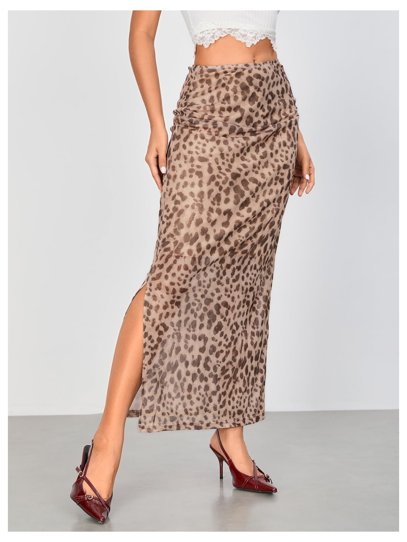 WDIRARA Women's Leopard Print Mesh Skirt Ruched Split Thigh Low Waist Maxi Skirts