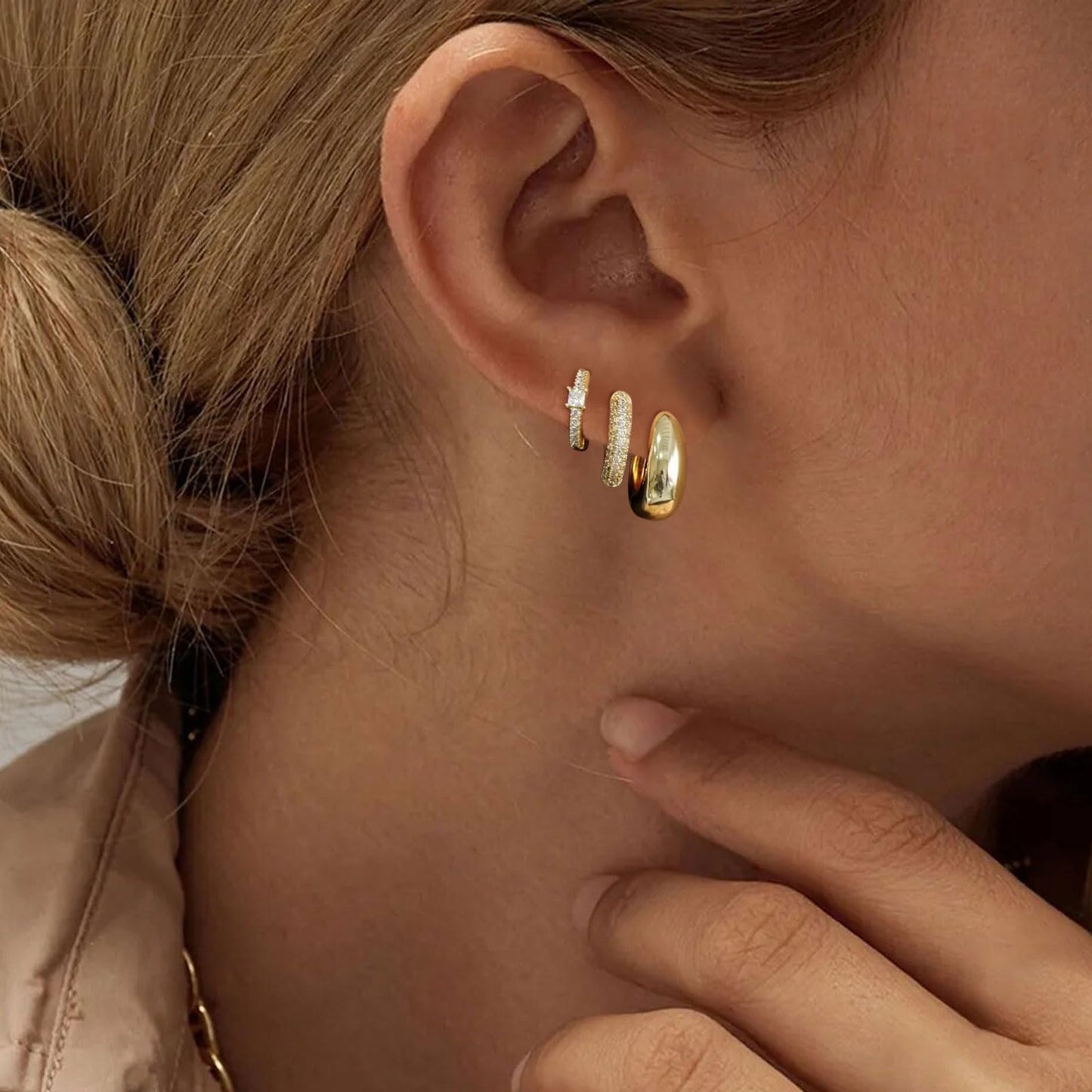 MIDEEO Gold/Sliver Chunky Hoop Earrings Set, 14K Gold Plated Twisted Huggie Hoop Earring