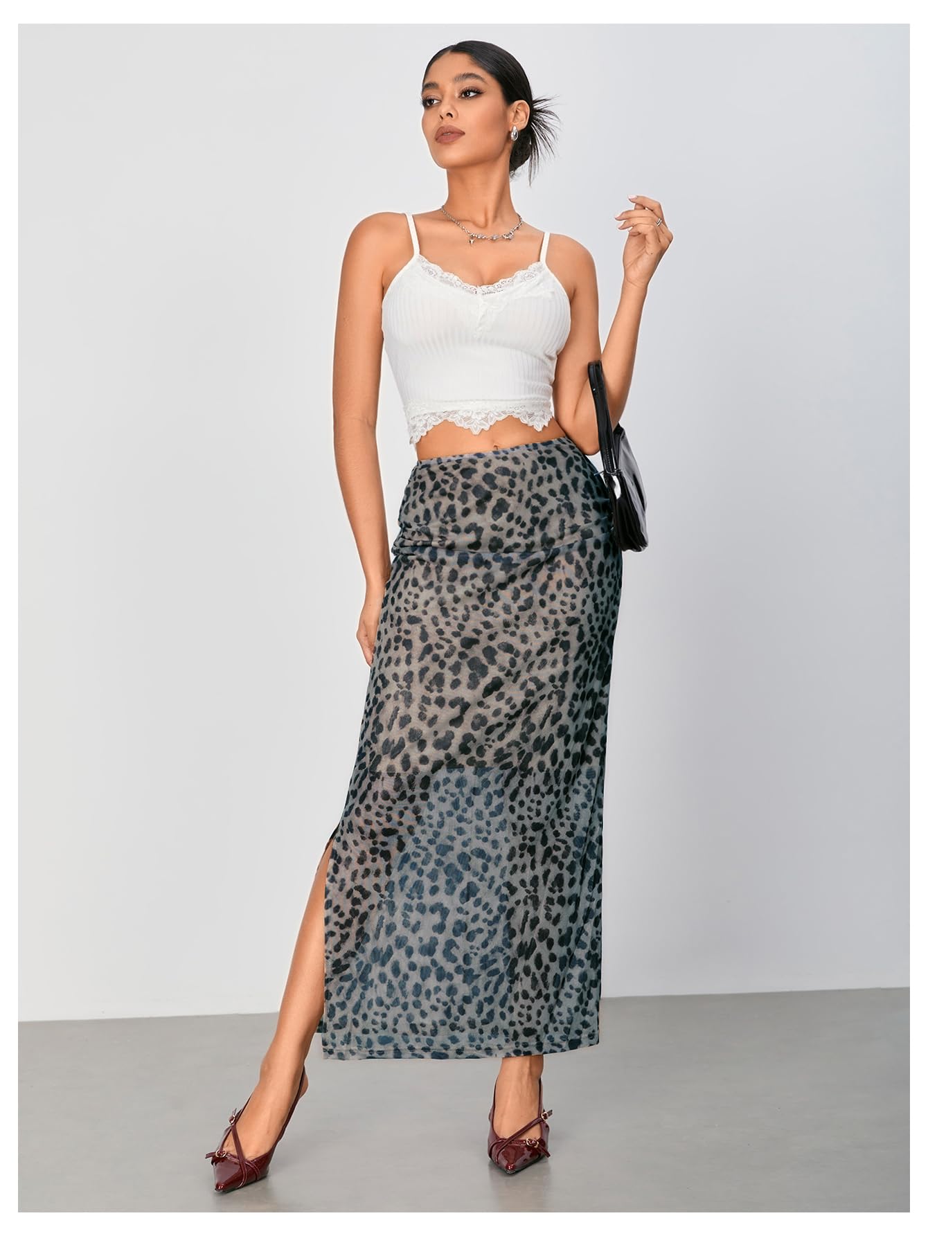 WDIRARA Women's Leopard Print Mesh Skirt Ruched Split Thigh Low Waist Maxi Skirts