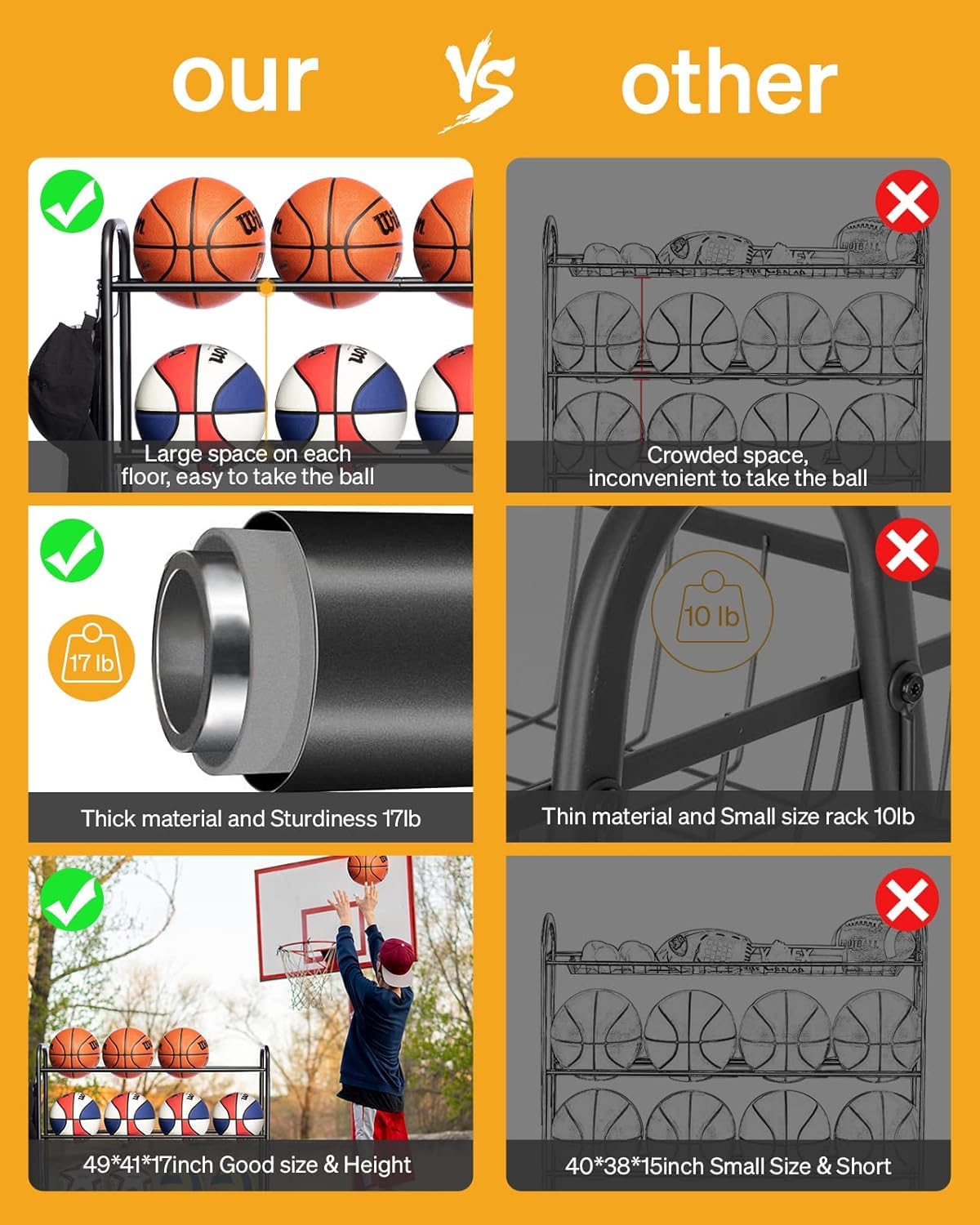 Sports Equipment Storage with Wheels- Four-Layer Organizer Holder with Two Baskets