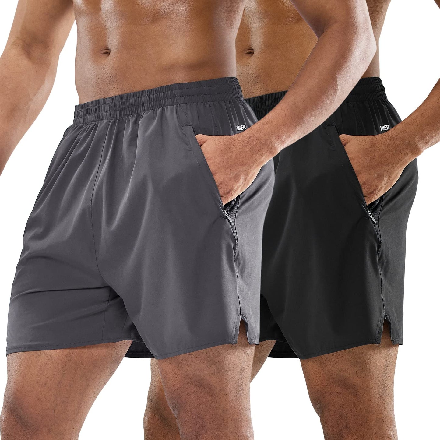 MIER Men's Athletic Shorts 5 Inch Lightweight Running Workout Gym Shorts with Zipper Pockets, 2 Pack