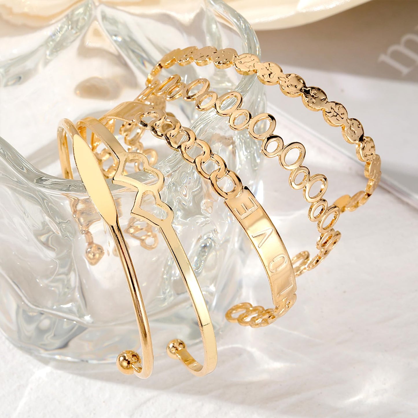 IFKM Gold Bangle Bracelets for Women, 14k Gold Plated Multi-Layer Stackable Cuff Bracelet Set