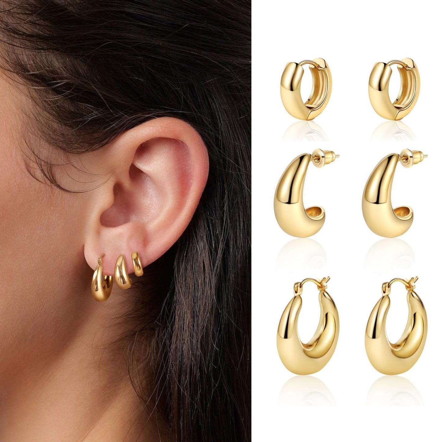 MIDEEO Gold/Sliver Chunky Hoop Earrings Set, 14K Gold Plated Twisted Huggie Hoop Earring