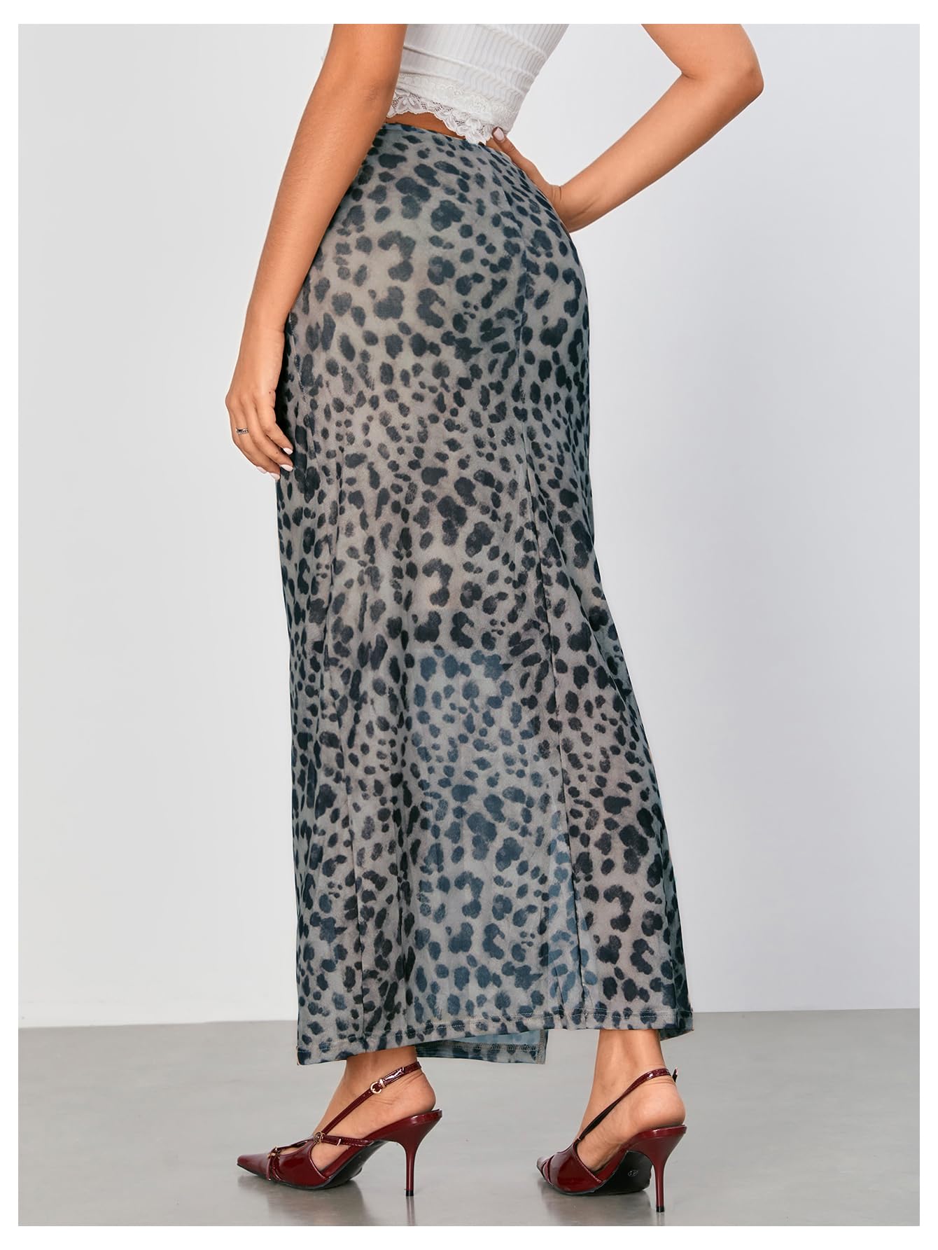 WDIRARA Women's Leopard Print Mesh Skirt Ruched Split Thigh Low Waist Maxi Skirts