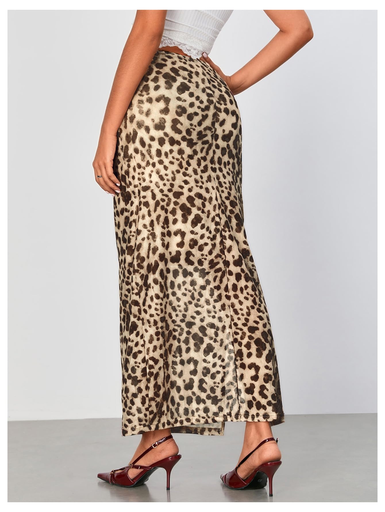 WDIRARA Women's Leopard Print Mesh Skirt Ruched Split Thigh Low Waist Maxi Skirts