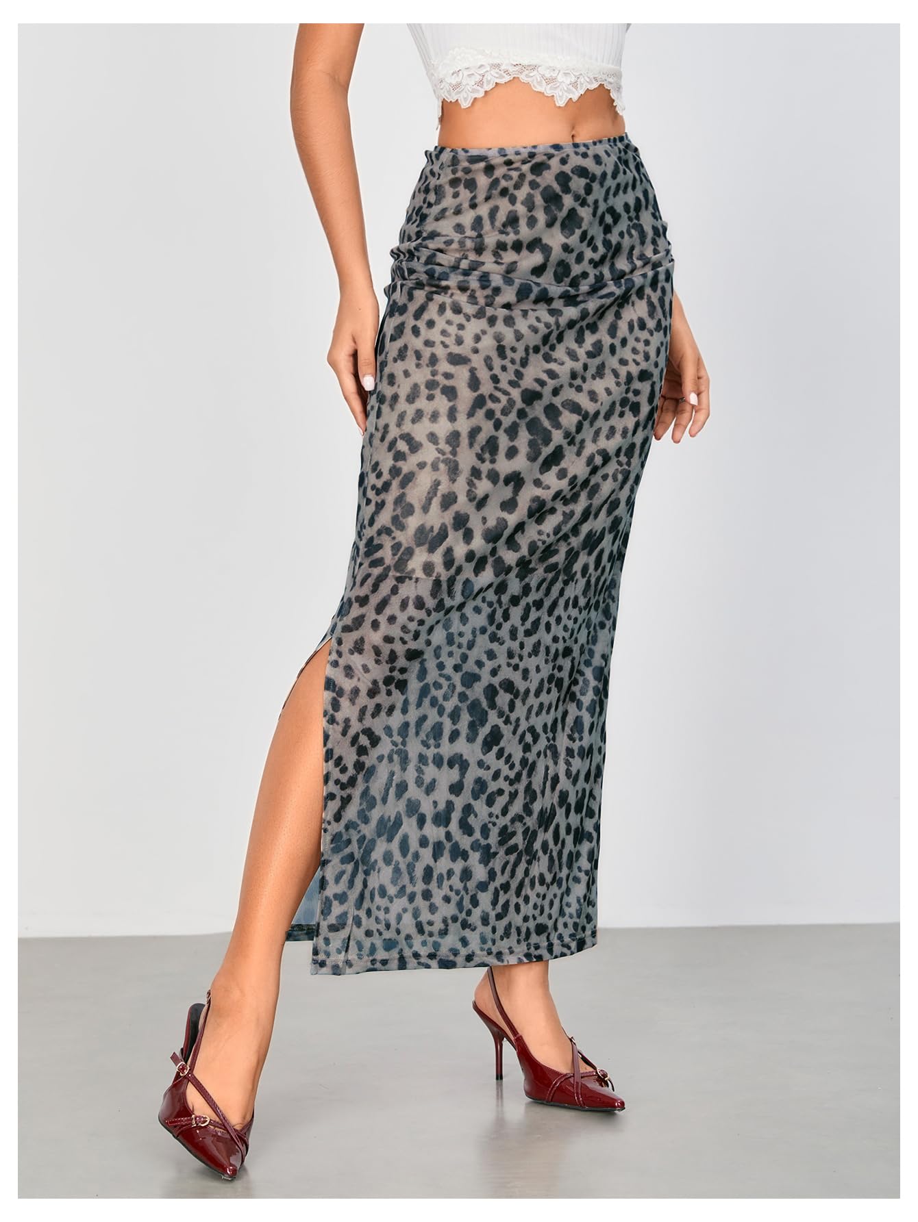 WDIRARA Women's Leopard Print Mesh Skirt Ruched Split Thigh Low Waist Maxi Skirts