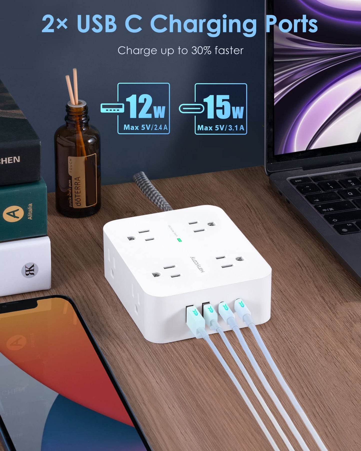 Surge Protector Power Strip - HANYCONY 8 Outlets 4 USB (2 USB C) Charging Ports- Multi Plug Outlet Extender, 5Ft