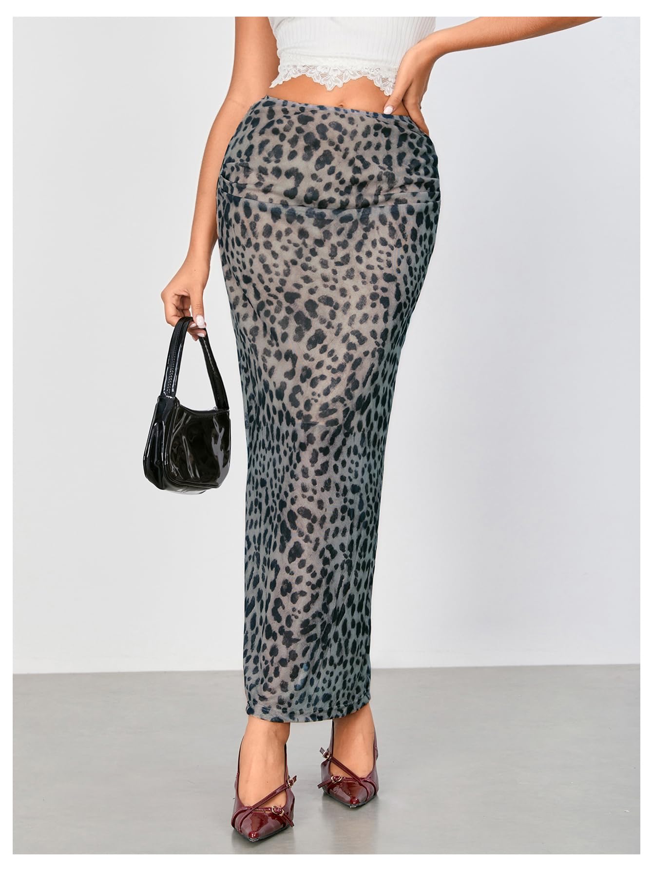 WDIRARA Women's Leopard Print Mesh Skirt Ruched Split Thigh Low Waist Maxi Skirts