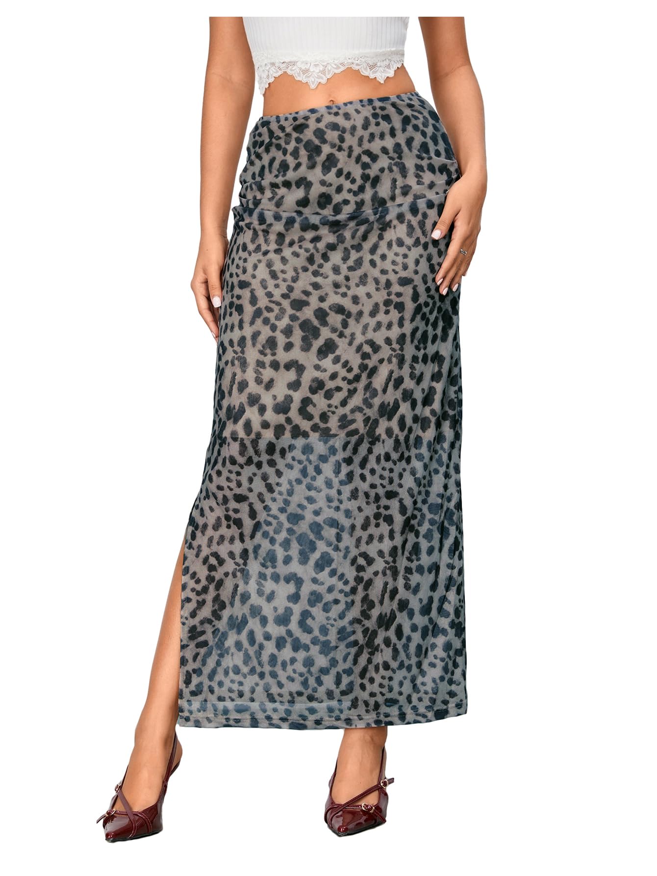 WDIRARA Women's Leopard Print Mesh Skirt Ruched Split Thigh Low Waist Maxi Skirts