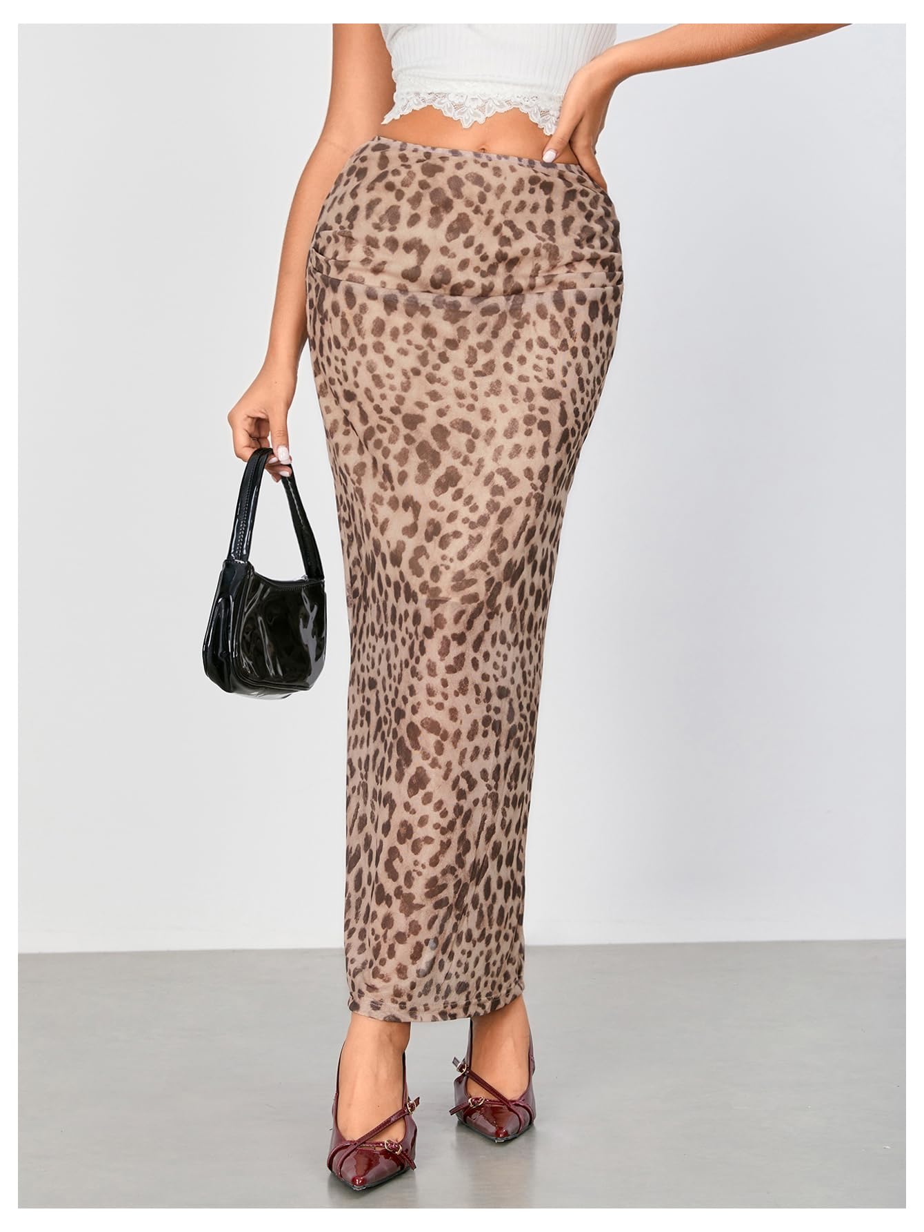 WDIRARA Women's Leopard Print Mesh Skirt Ruched Split Thigh Low Waist Maxi Skirts