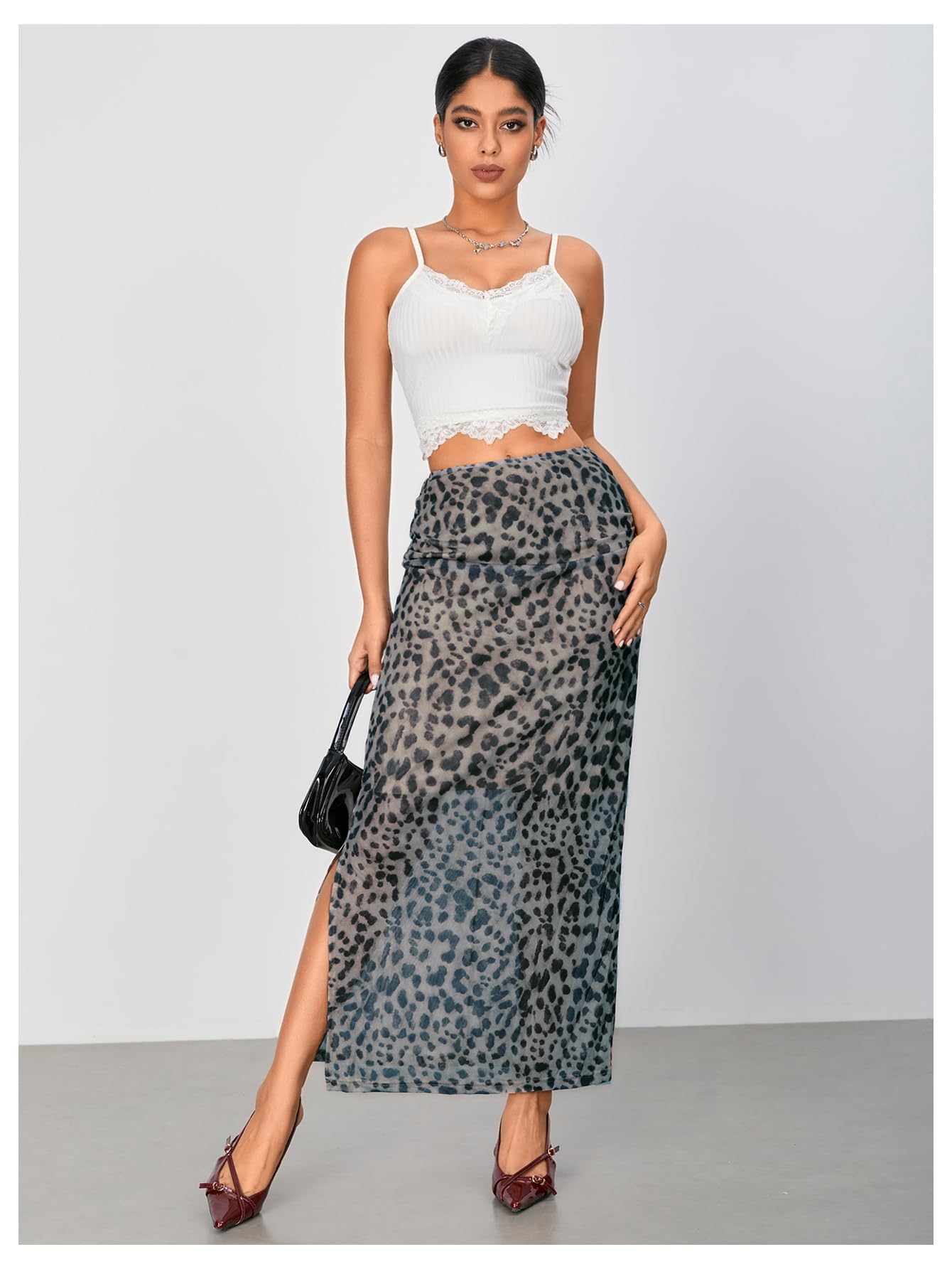 WDIRARA Women's Leopard Print Mesh Skirt Ruched Split Thigh Low Waist Maxi Skirts