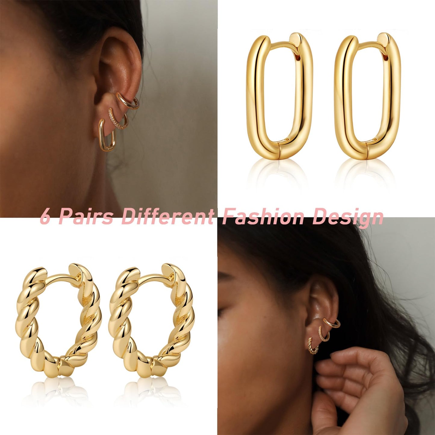 MIDEEO Gold/Sliver Chunky Hoop Earrings Set, 14K Gold Plated Twisted Huggie Hoop Earring