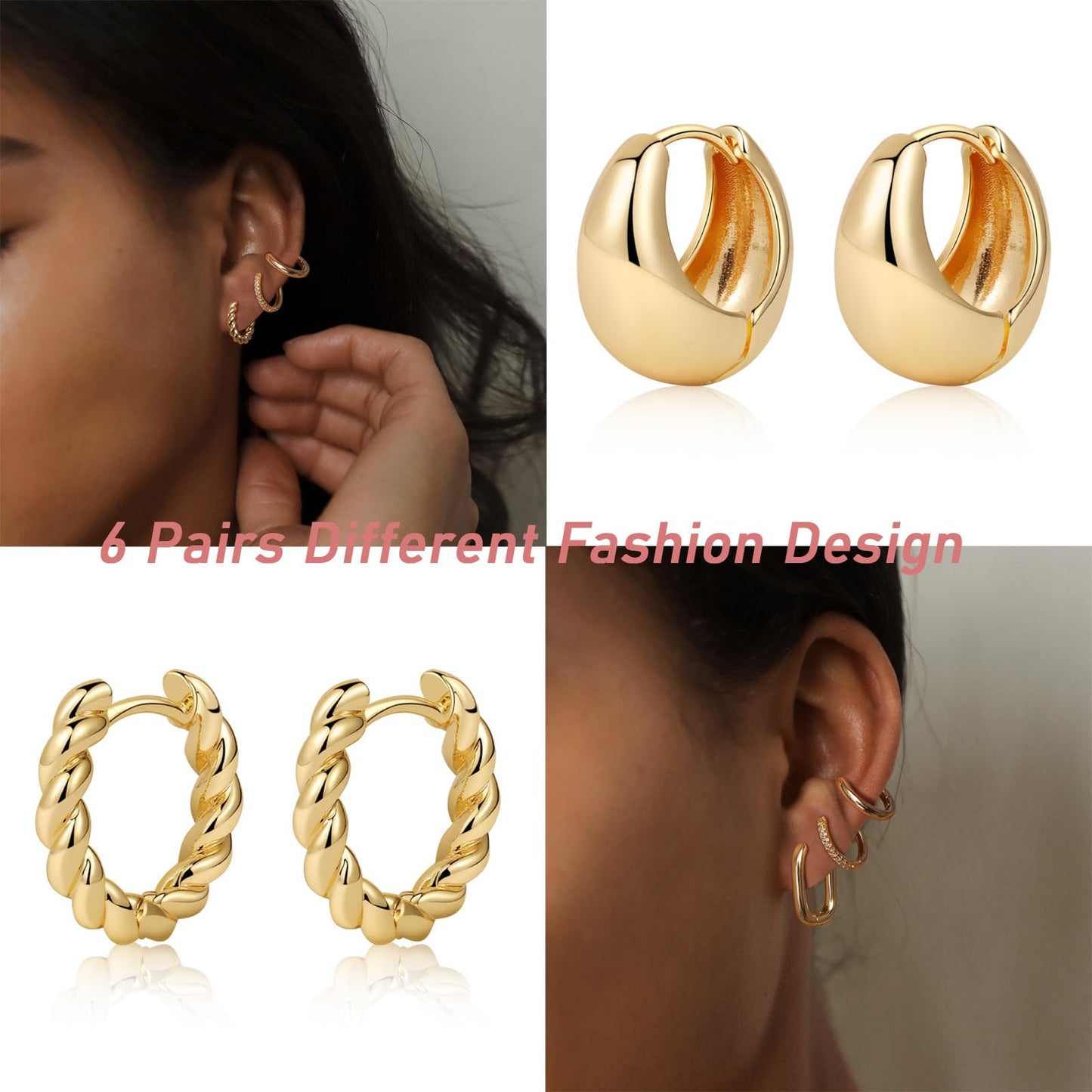 MIDEEO Gold/Sliver Chunky Hoop Earrings Set, 14K Gold Plated Twisted Huggie Hoop Earring