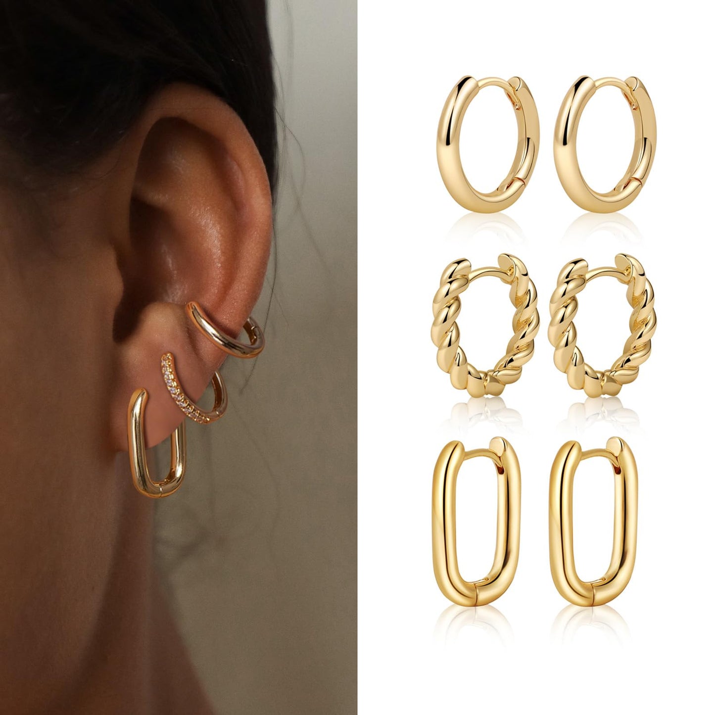 MIDEEO Gold/Sliver Chunky Hoop Earrings Set, 14K Gold Plated Twisted Huggie Hoop Earring