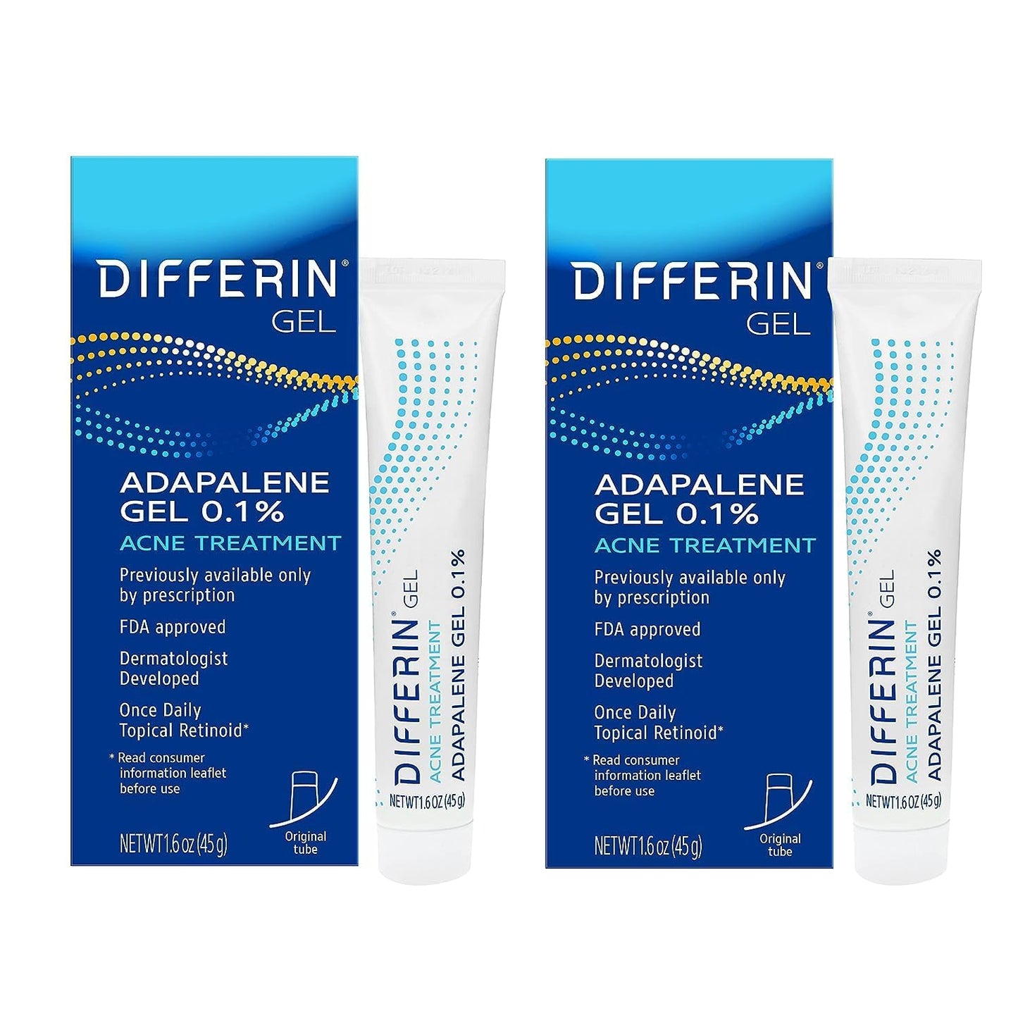 Differin Acne Treatment Gel, 45g Tube, Pack of 2 (Packaging May Vary)