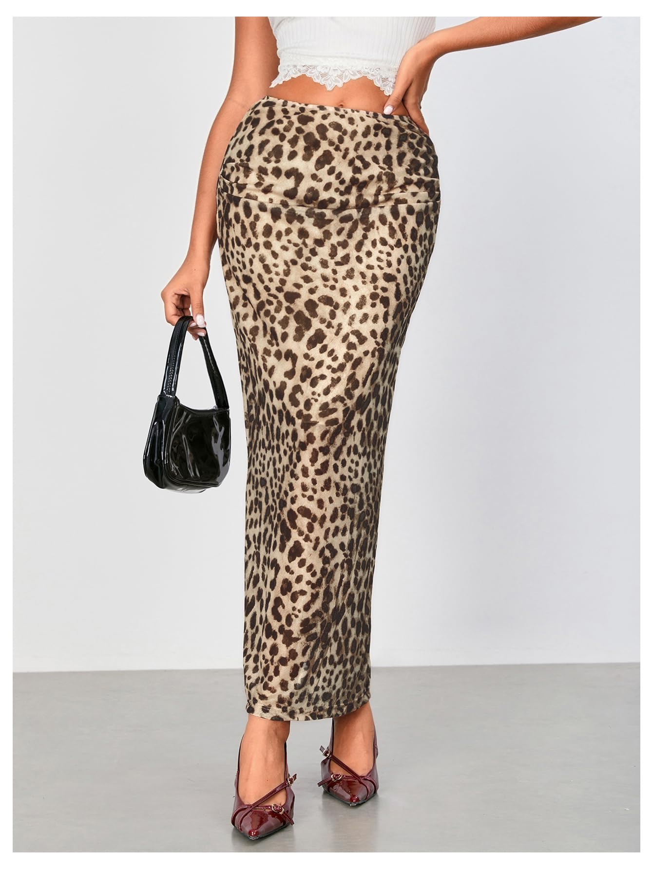 WDIRARA Women's Leopard Print Mesh Skirt Ruched Split Thigh Low Waist Maxi Skirts