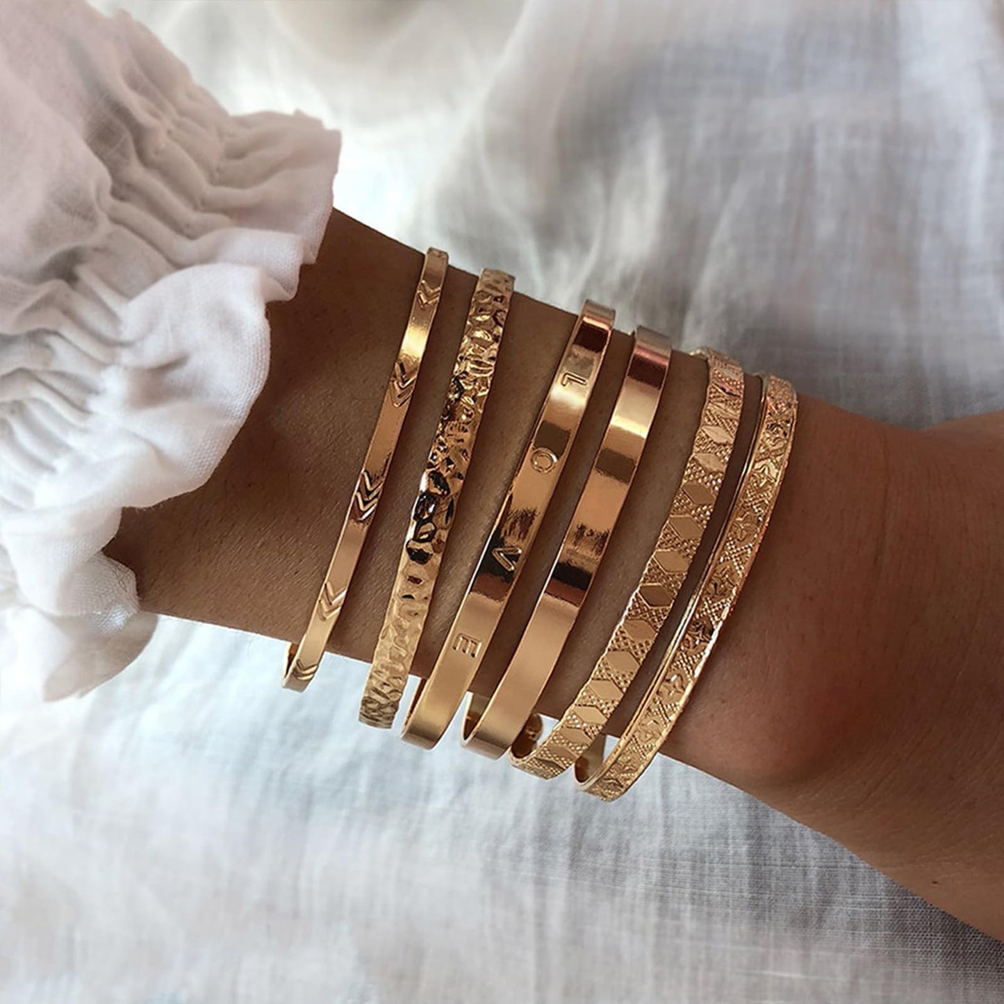 IFKM Gold Bangle Bracelets for Women, 14k Gold Plated Multi-Layer Stackable Cuff Bracelet Set