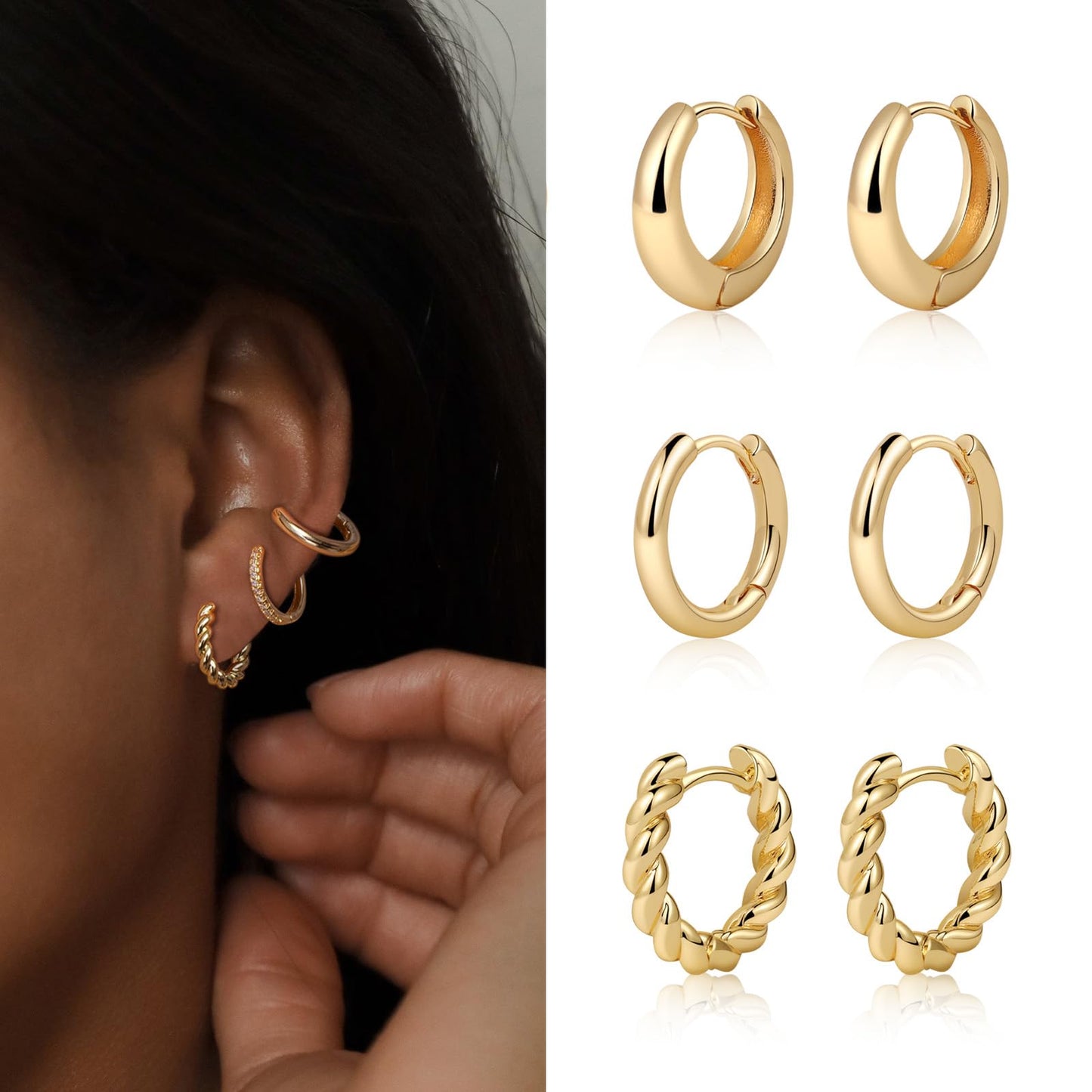 MIDEEO Gold/Sliver Chunky Hoop Earrings Set, 14K Gold Plated Twisted Huggie Hoop Earring